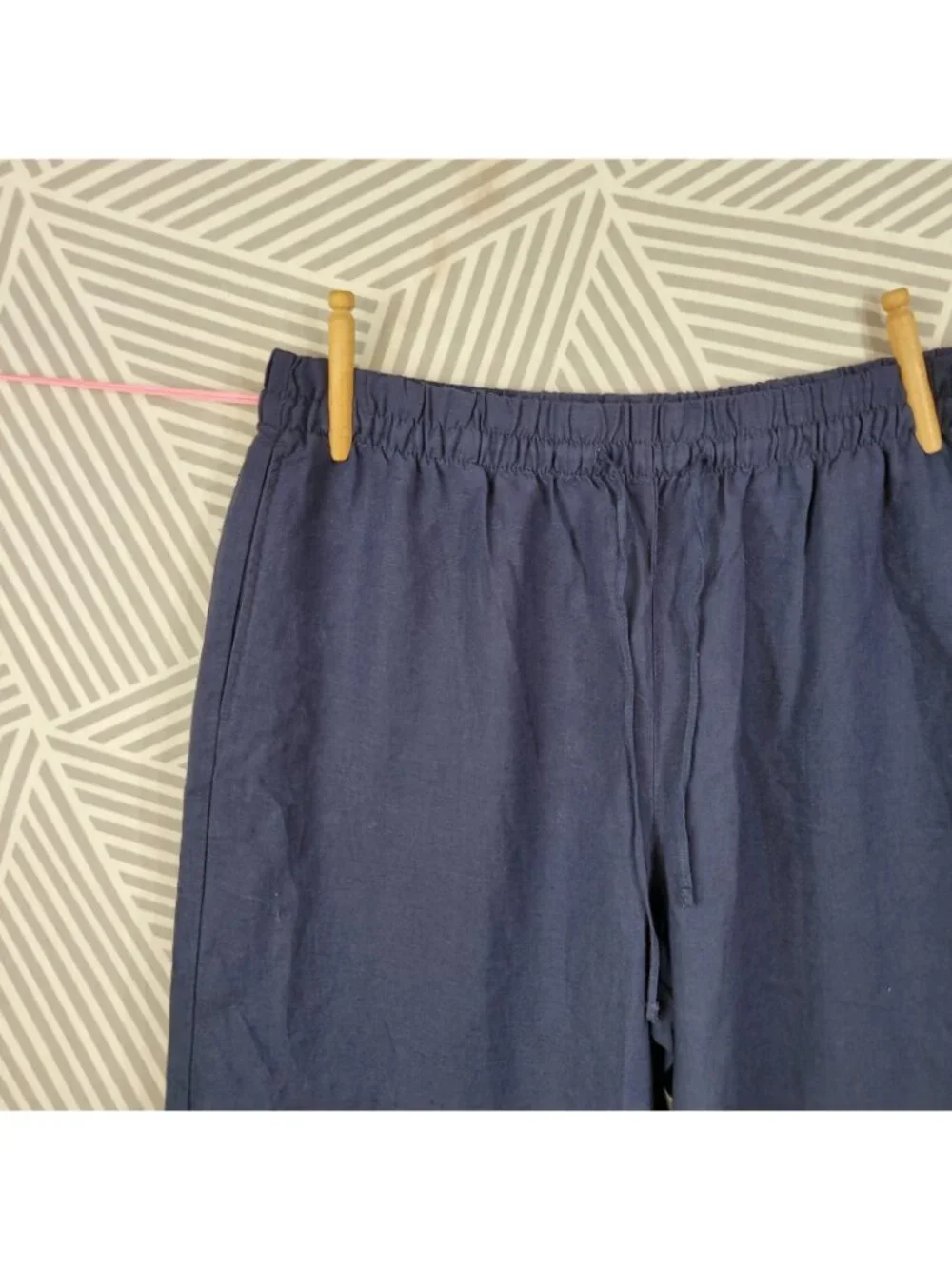 NEW H&M Blue Linen Wide-Leg Pants Large Drawstring Elastic Waist Navy Pull On